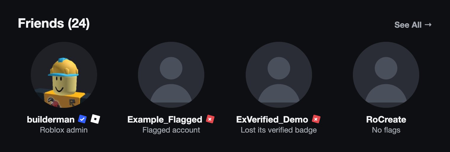Friends with an admin badge and red flagged badges (example names)