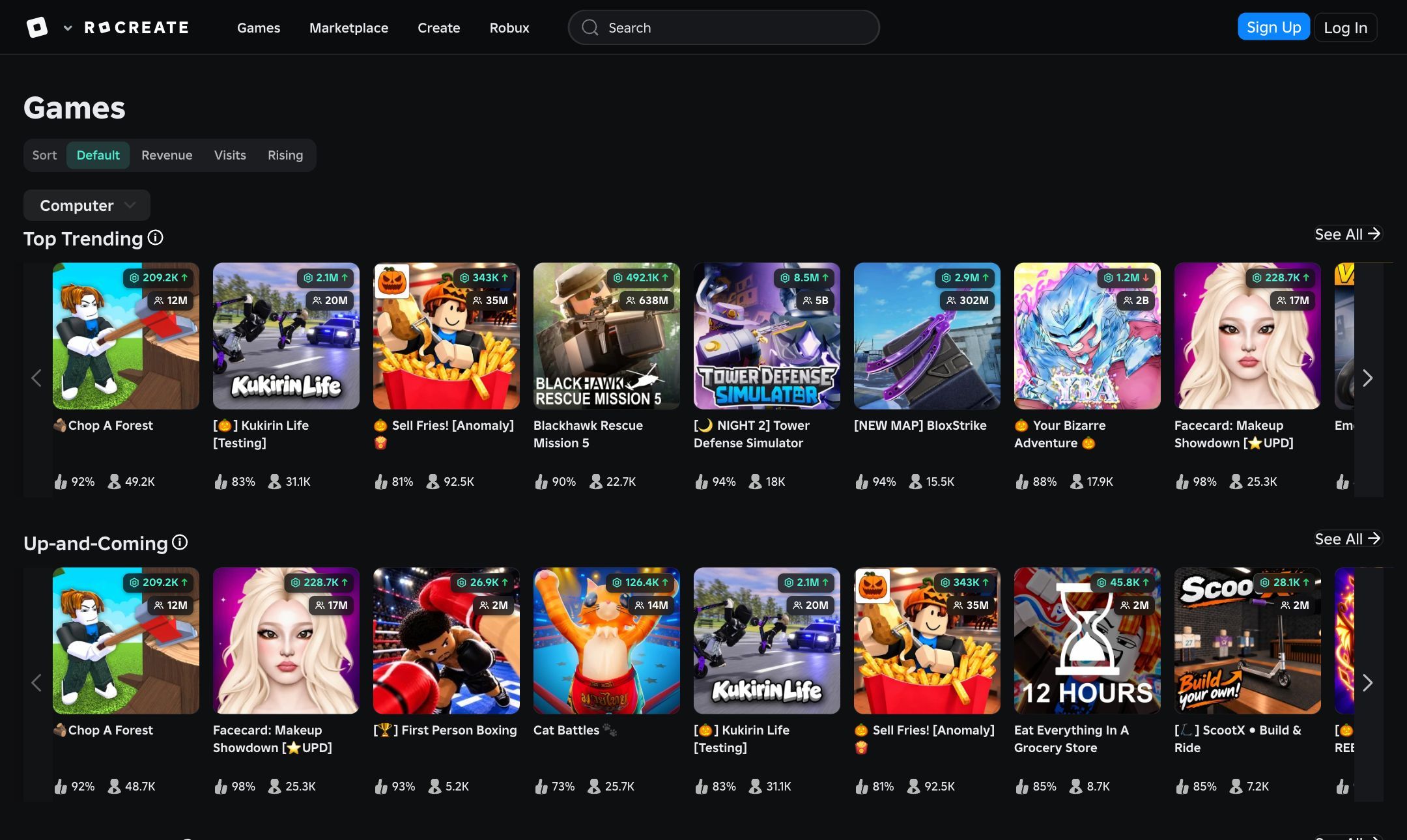 The Roblox Games page with RoCreate: a dark Creator Hub look, a sort bar and revenue on every game card