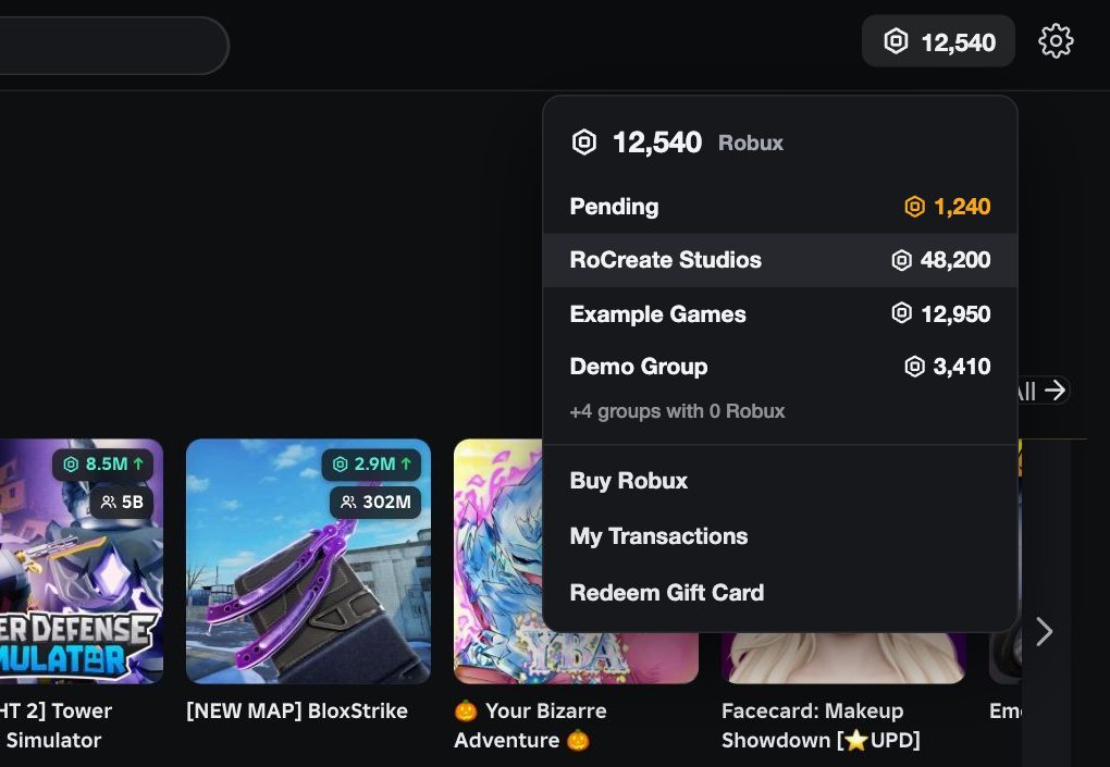 The Robux menu with pending Robux and group funds (example data)